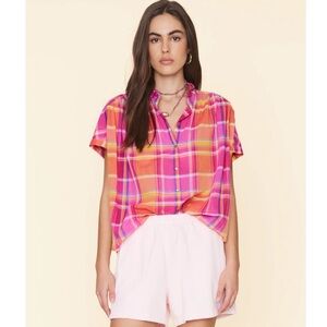 XIRENA PAXTON PINK ORANGE MADRAS COTTON PLAID STRIPE SHORT SLEEVE BLOUSE TOP XS